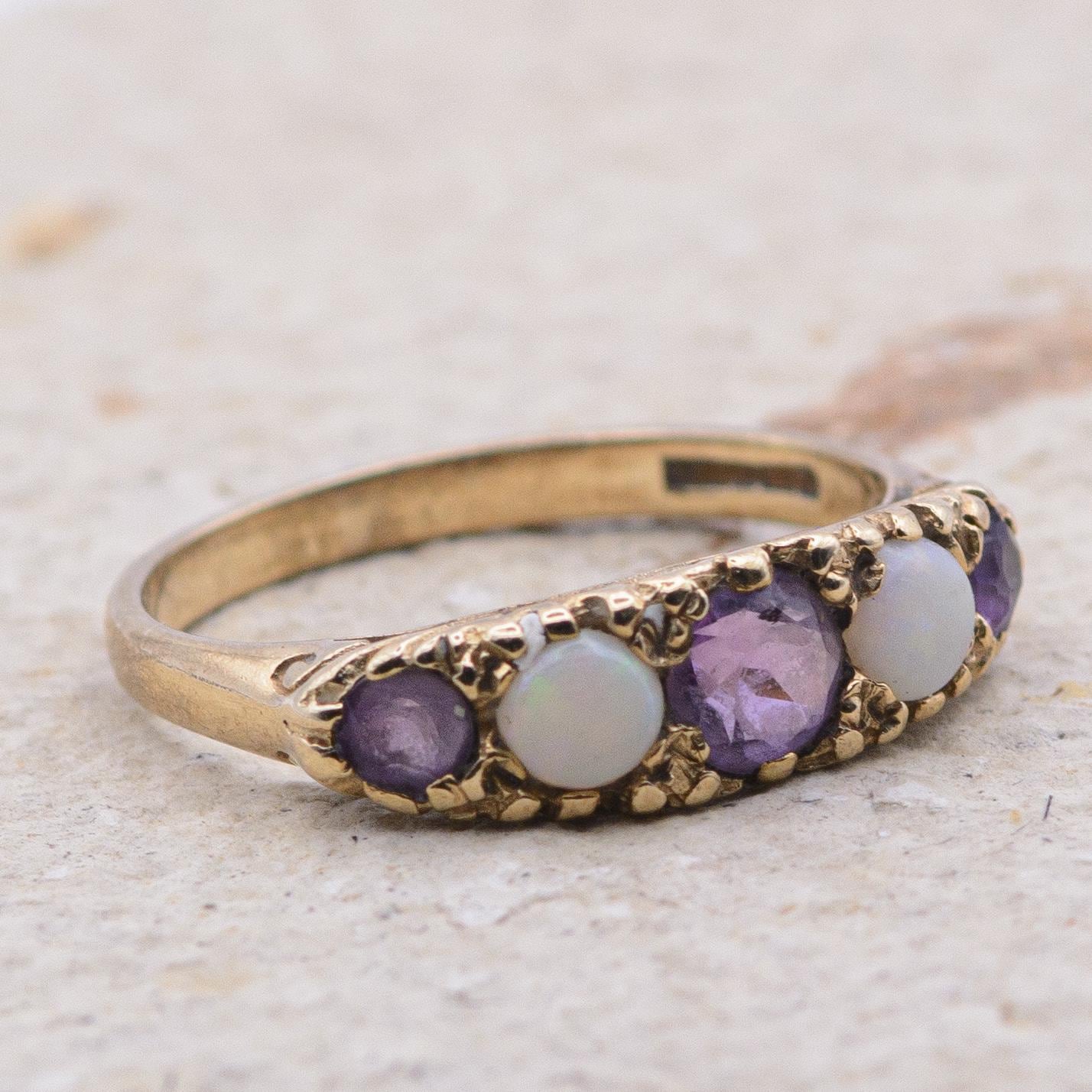 Vintage Amethyst and Opal 5-Stone Ring | UK Size M | US Size 6.25 | 9 Carat Gold