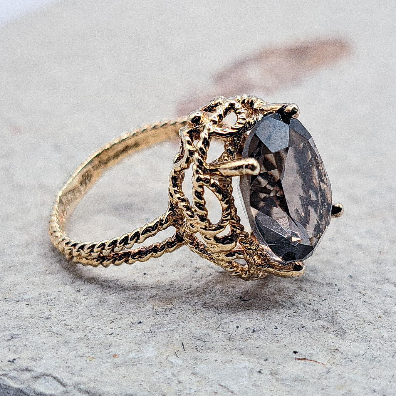 Vintage 9ct Gold Smoky Quartz Cocktail Ring | UK Size J / US 5 |