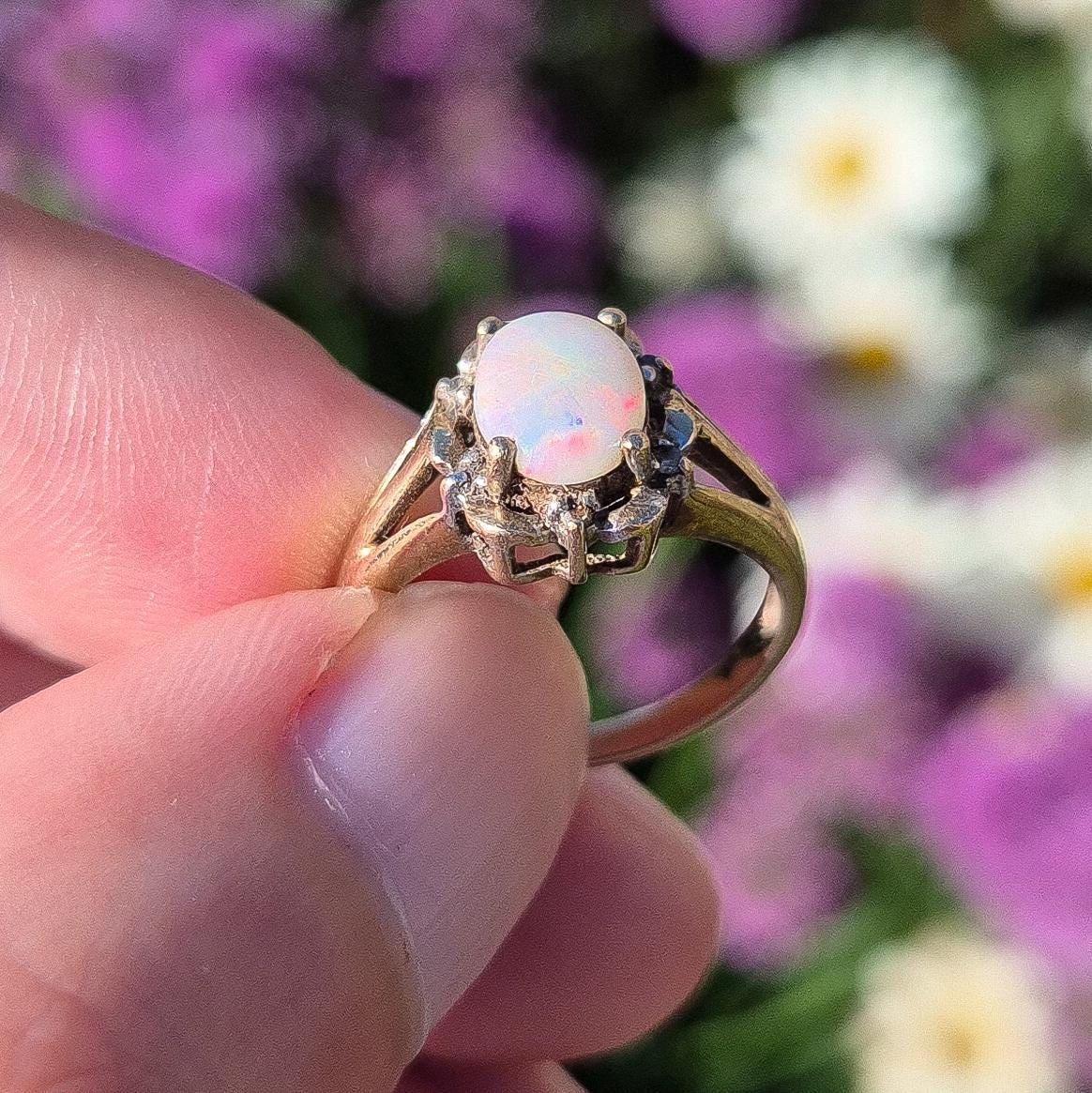 9ct Gold Vintage Opal and Diamond Ring | Size J 1/2