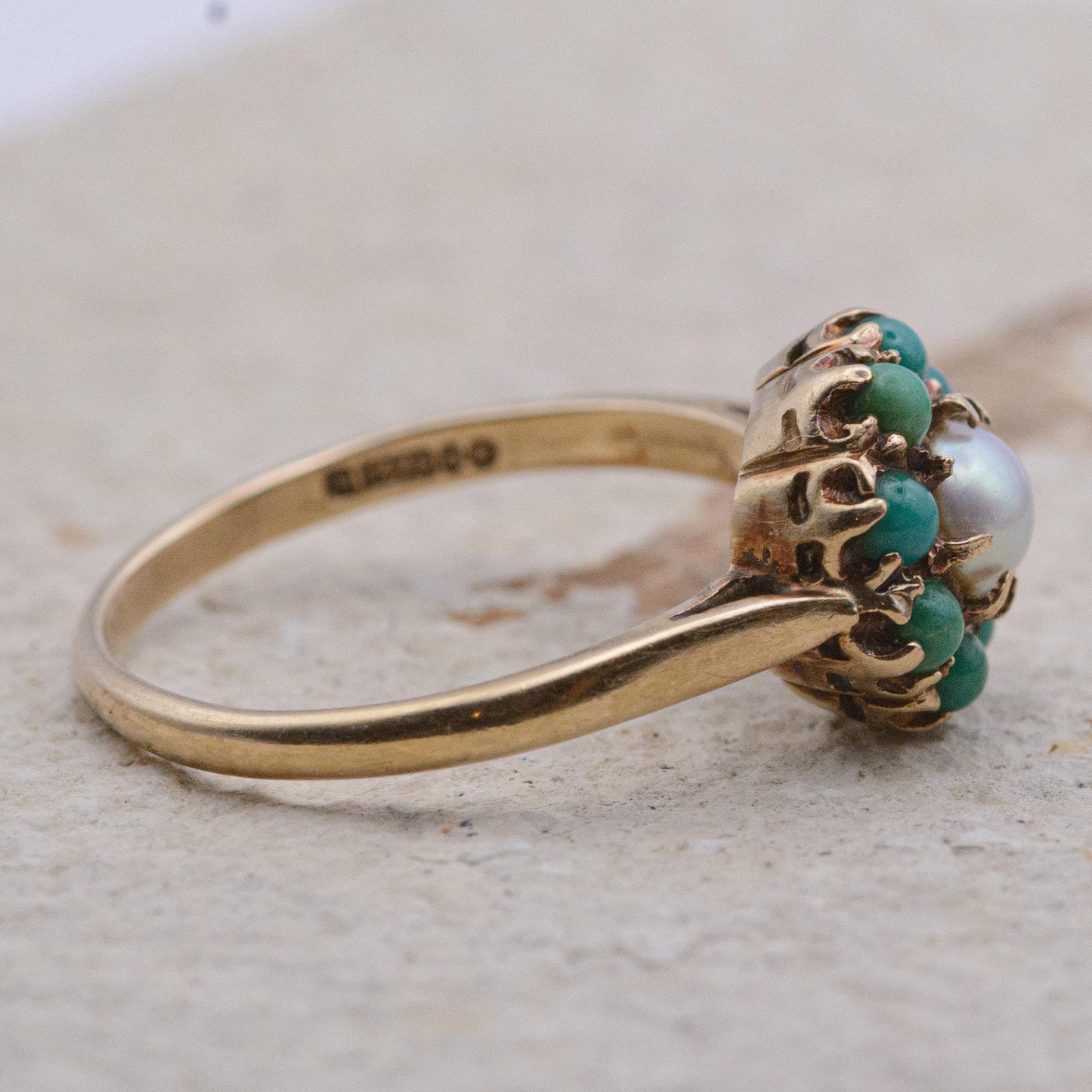 9ct Gold Turquoise and Pearl Ring | UK Size P | US Size 7.5