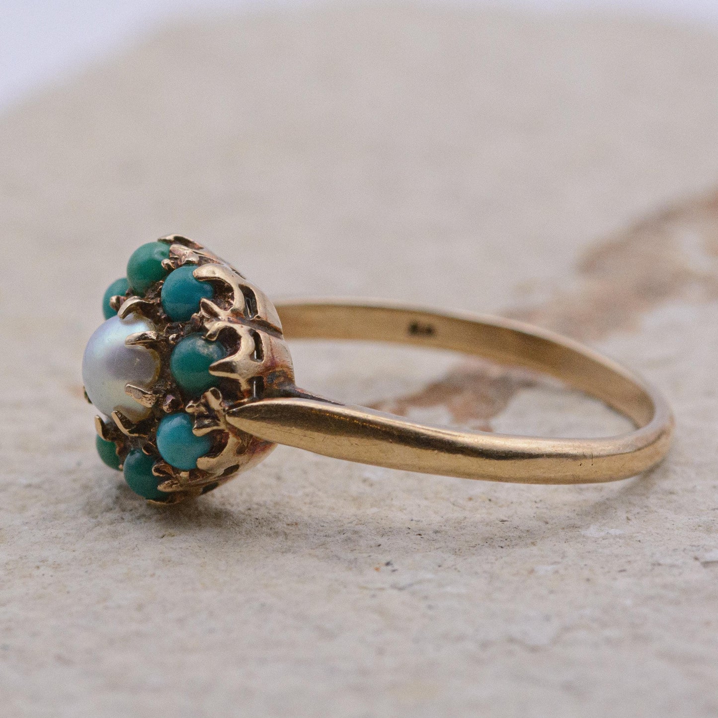 9ct Gold Turquoise and Pearl Ring | UK Size P | US Size 7.5