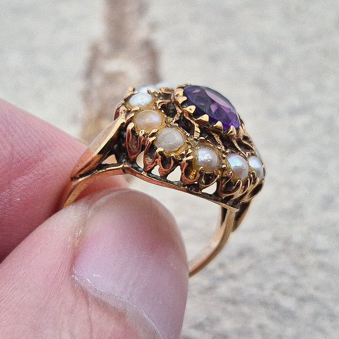 Vintage Seed Pearl and Amethyst Ring |UK Size J | US Size 4.75 | 9 Carat Gold