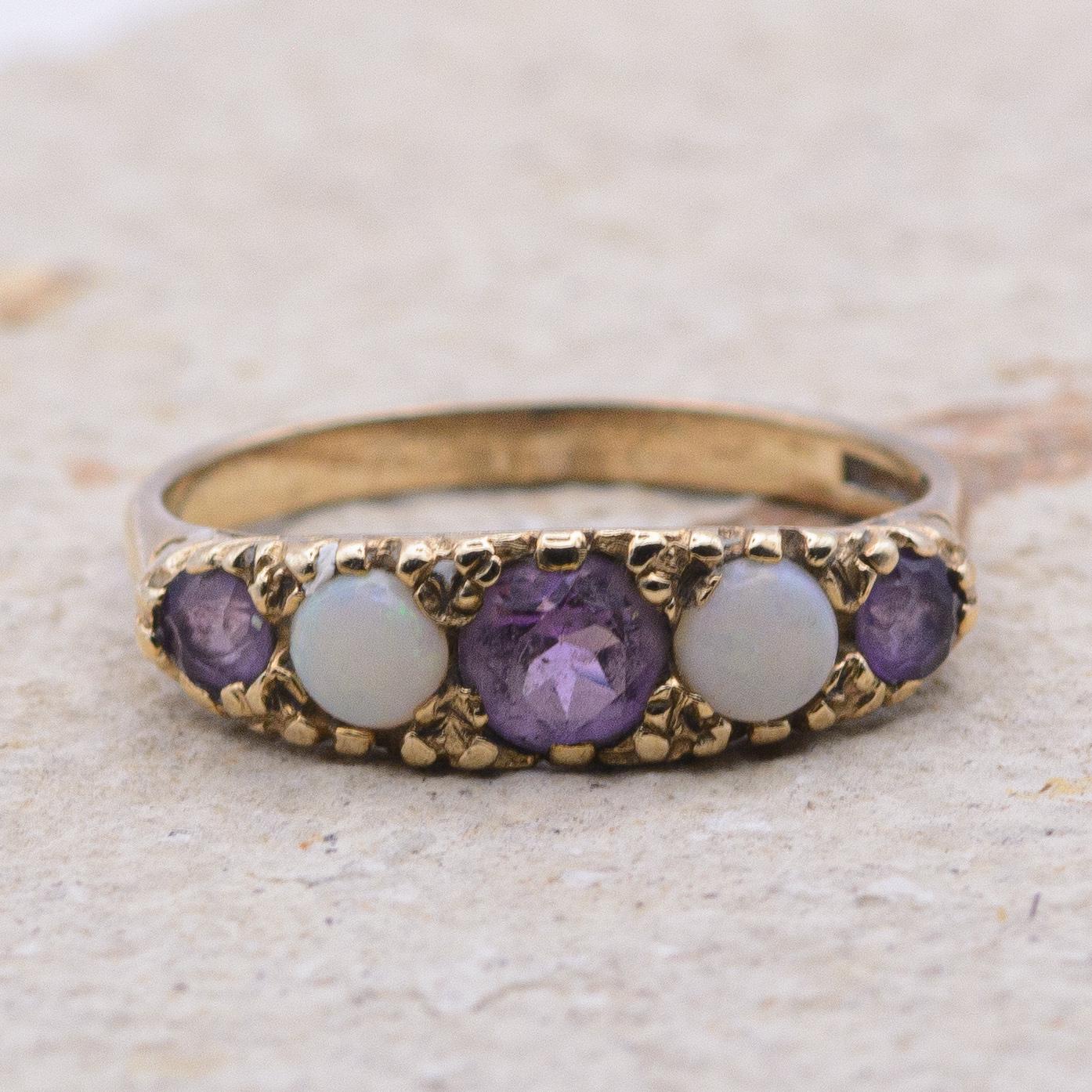 Vintage Amethyst and Opal 5-Stone Ring | UK Size M | US Size 6.25 | 9 Carat Gold
