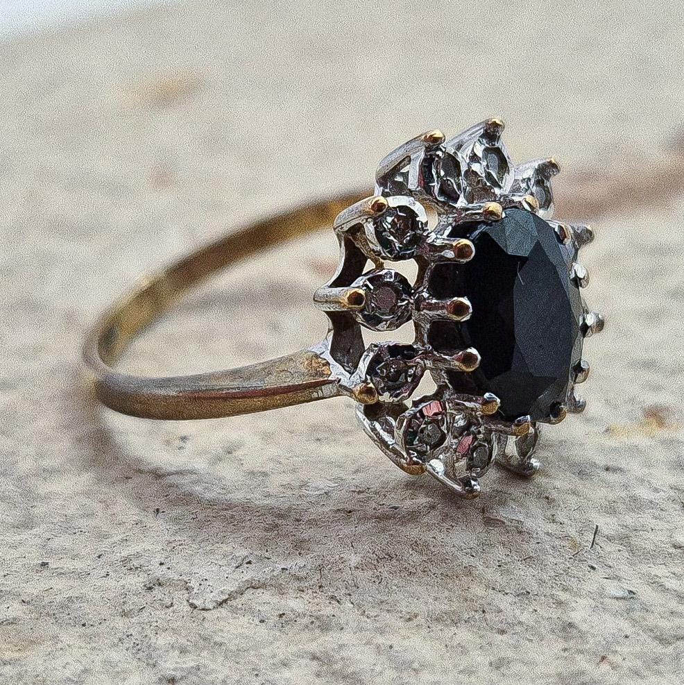Vintage 9ct Diamond and Sapphire Cluster Ring | UK Size L | US Size 5.75