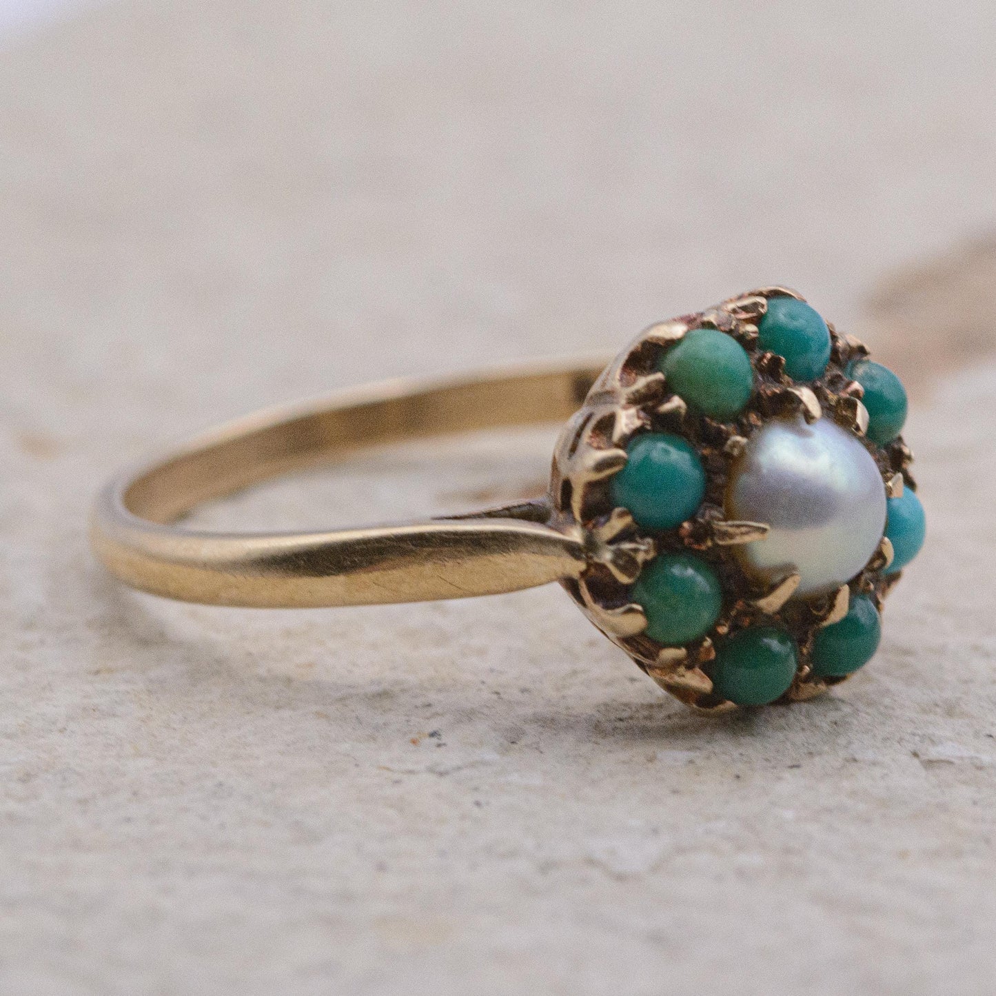 9ct Gold Turquoise and Pearl Ring | UK Size P | US Size 7.5