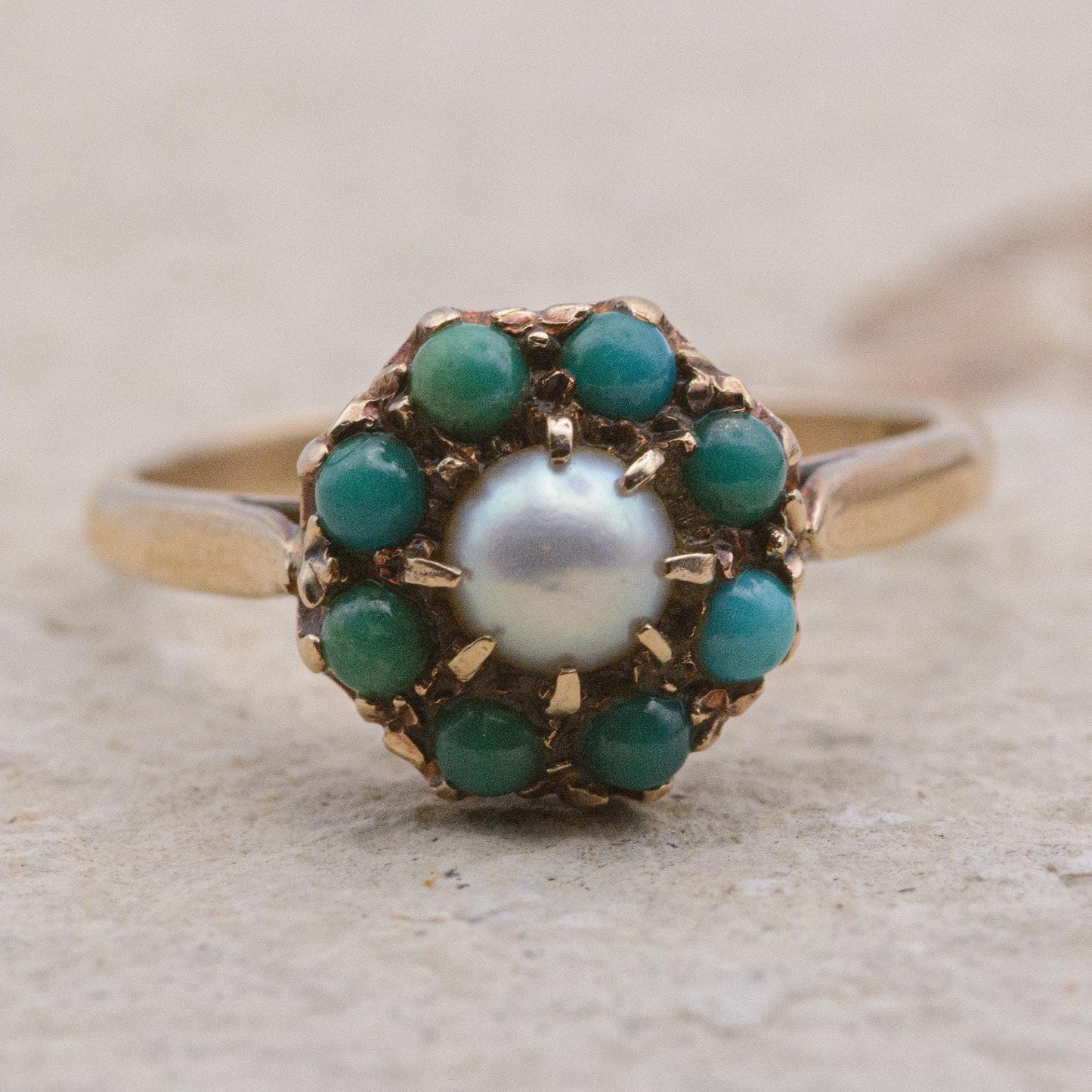 9ct Gold Turquoise and Pearl Ring | UK Size P | US Size 7.5