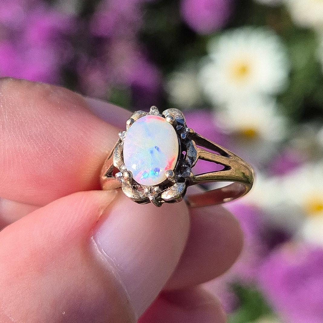 9ct Gold Vintage Opal and Diamond Ring | Size J 1/2