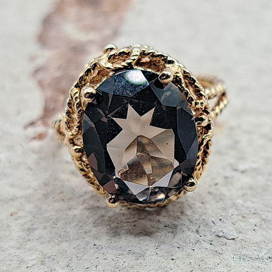 Vintage 9ct Gold Smoky Quartz Cocktail Ring | UK Size J / US 5 |