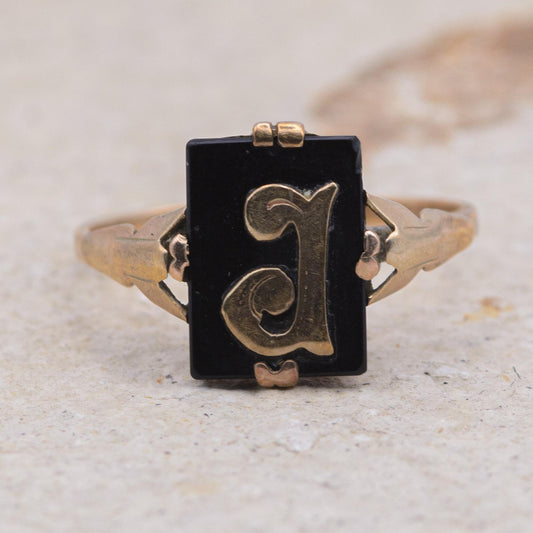 9ct Gold Black Onyx Initial Ring | UK Size O 1/2 | US Size 7.5 | Initialled "J"