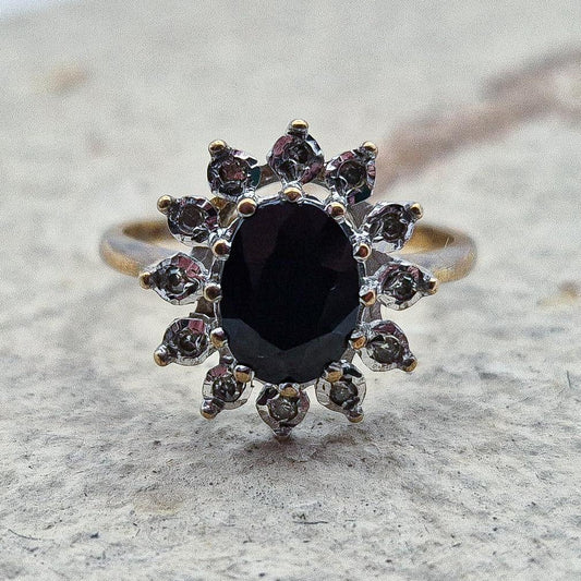 Vintage 9ct Diamond and Sapphire Cluster Ring | UK Size L | US Size 5.75