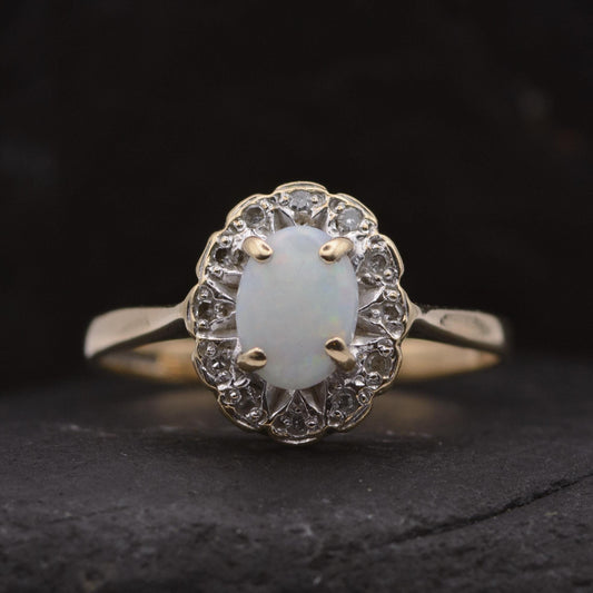 Vintage Opal and Diamond Cluster Ring | 9ct | UK Size O | US Size 7.25