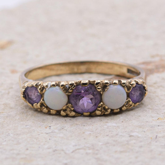 Vintage Amethyst and Opal 5-Stone Ring | UK Size M | US Size 6.25 | 9 Carat Gold