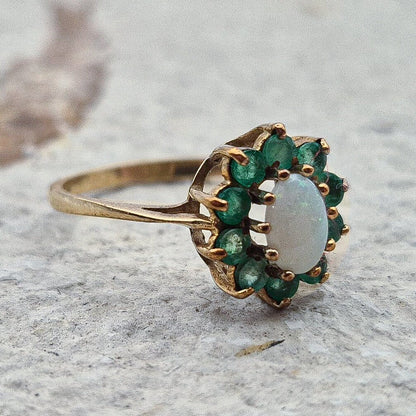Vintage Emerald and Opal Cluster Ring |UK Size K 1/2 | US Size 5.5  | 9ct