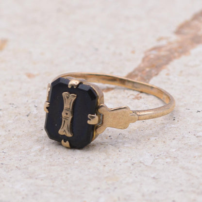 9ct Gold Black Onyx Initial Ring | UK Size M 1/2 | US Size 6.5 | Initialled "I"