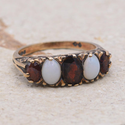 Vintage 9ct Garnet and Opal 5-Stone Ring | UK Size O 1/2 | US Size 7.5