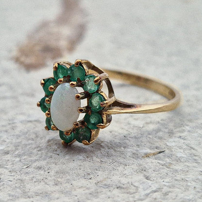 Vintage Emerald and Opal Cluster Ring |UK Size K 1/2 | US Size 5.5  | 9ct