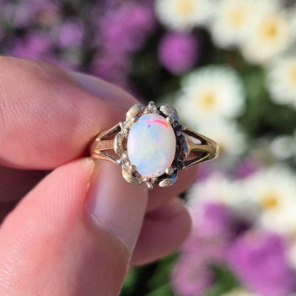 9ct Gold Vintage Opal and Diamond Ring | Size J 1/2