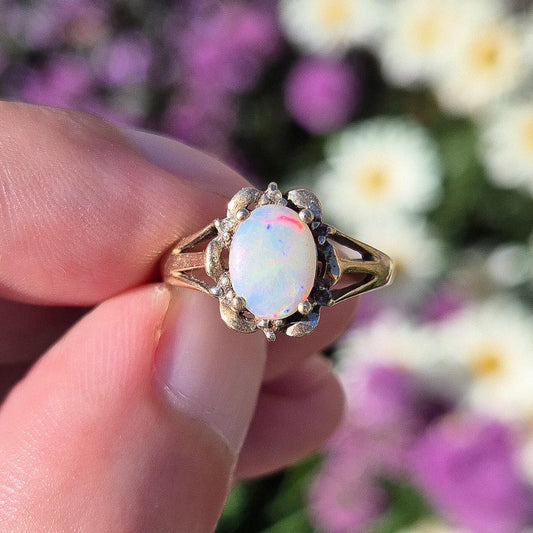 9ct Gold Vintage Opal and Diamond Ring | Size J 1/2