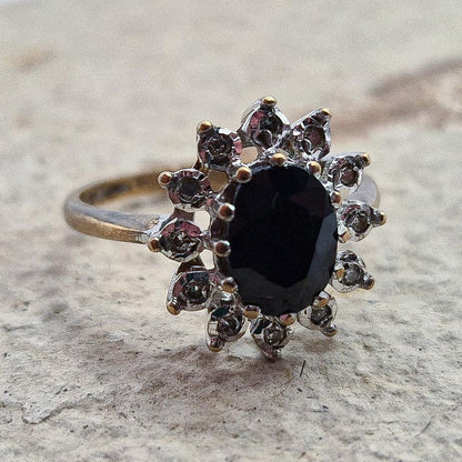 Vintage 9ct Diamond and Sapphire Cluster Ring | UK Size L | US Size 5.75