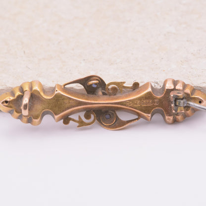 Edwardian 15ct Gold Bar Brooch with Diamond and Sapphires