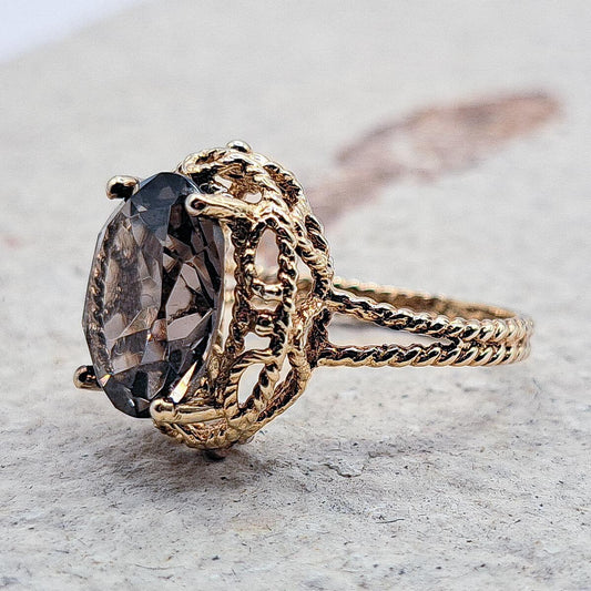 Vintage 9ct Gold Smoky Quartz Cocktail Ring | UK Size J / US 5 |