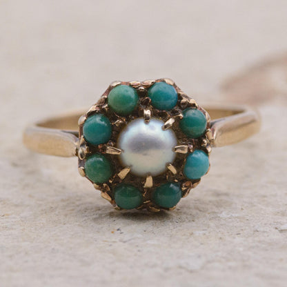 9ct Gold Turquoise and Pearl Ring | UK Size P | US Size 7.5