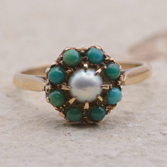9ct Gold Turquoise and Pearl Ring | UK Size P | US Size 7.5
