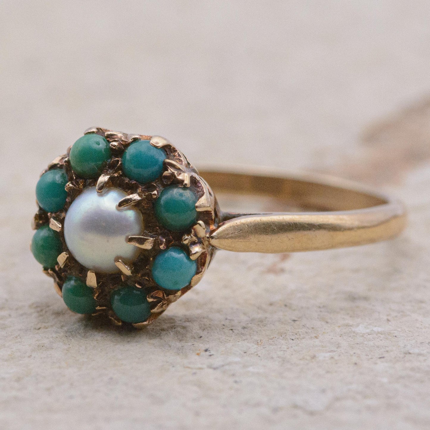 9ct Gold Turquoise and Pearl Ring | UK Size P | US Size 7.5