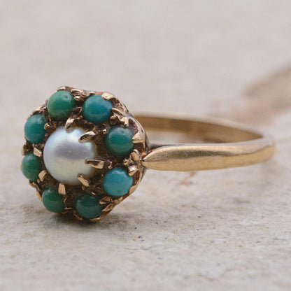 9ct Gold Turquoise and Pearl Ring | UK Size P | US Size 7.5