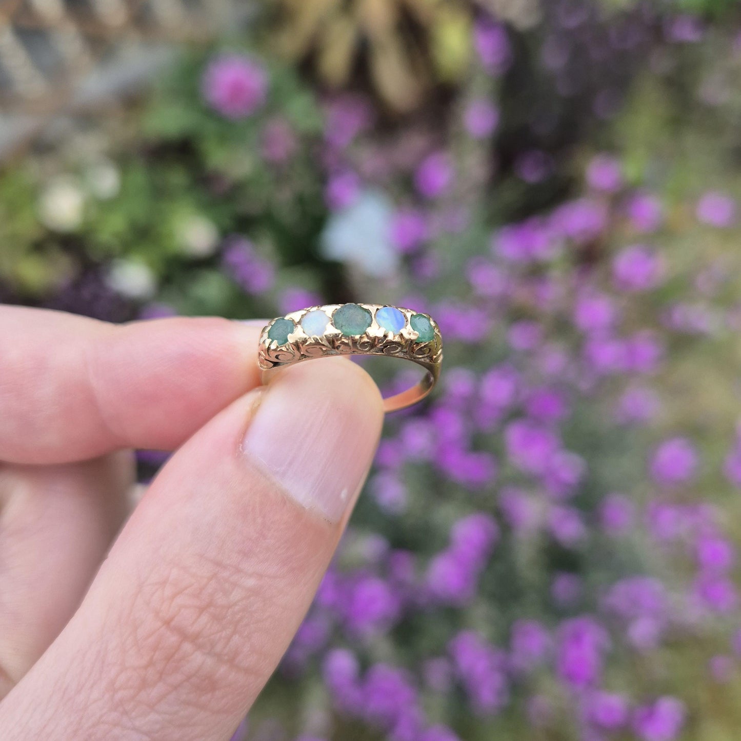 Vintage Emerald and Opal 5-Stone Ring | UK Size L 1/2 | US Size 6  | 9ct