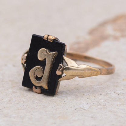 9ct Gold Black Onyx Initial Ring | UK Size O 1/2 | US Size 7.5 | Initialled "J"