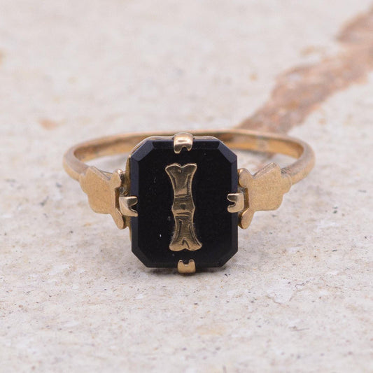 9ct Gold Black Onyx Initial Ring | UK Size M 1/2 | US Size 6.5 | Initialled "I"
