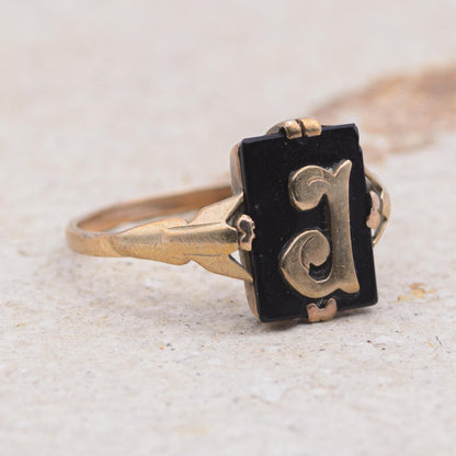 9ct Gold Black Onyx Initial Ring | UK Size O 1/2 | US Size 7.5 | Initialled "J"