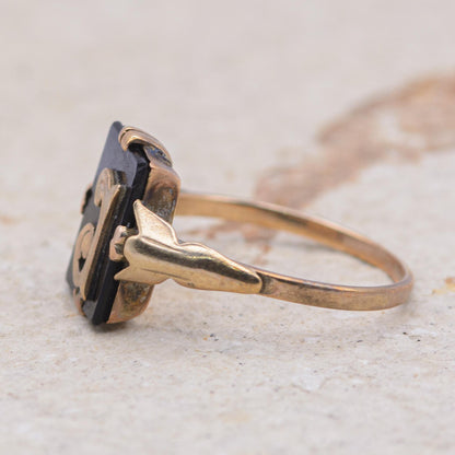 9ct Gold Black Onyx Initial Ring | UK Size O 1/2 | US Size 7.5 | Initialled "J"