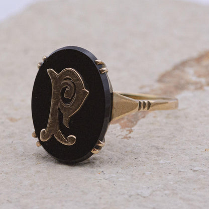 9ct Gold Black Onyx Initial Ring | UK Size U | US Size 10 | Initialled "p"