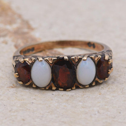 Vintage 9ct Garnet and Opal 5-Stone Ring | UK Size O 1/2 | US Size 7.5