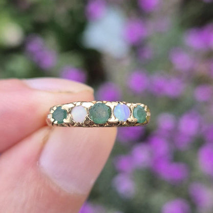 Vintage Emerald and Opal 5-Stone Ring | UK Size L 1/2 | US Size 6  | 9ct