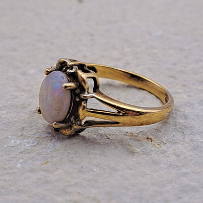 9ct Gold Vintage Opal and Diamond Ring | Size J 1/2