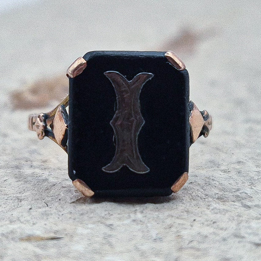 9ct Gold Victorian Black Onyx Initial Ring | Uk Size I 1/2 | Us Size 4.5 | Initialled "I"