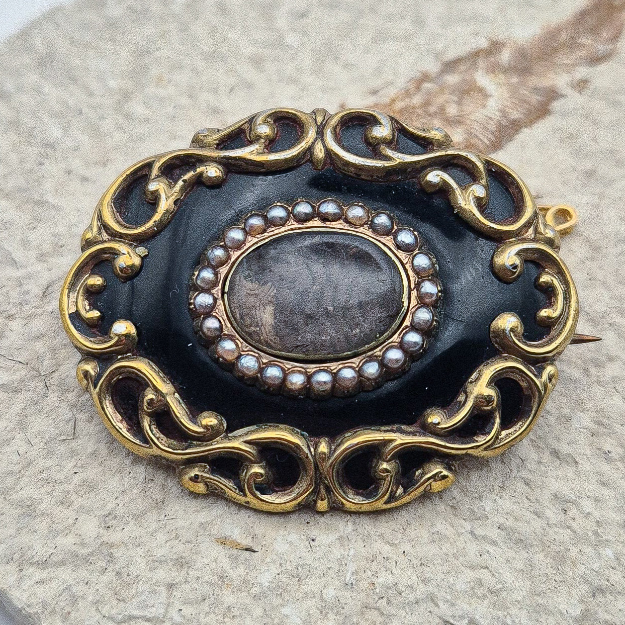 Victorian Black Enamel Hairwork Mourning Brooch