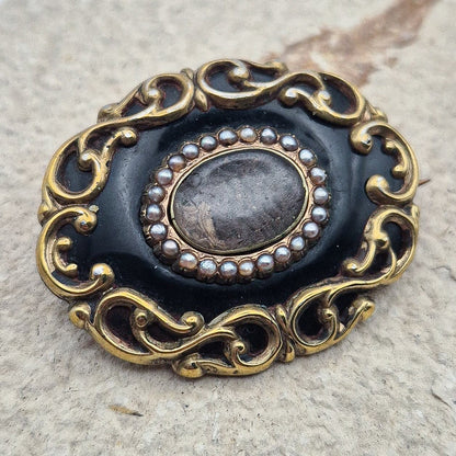 Victorian Black Enamel Hairwork Mourning Brooch