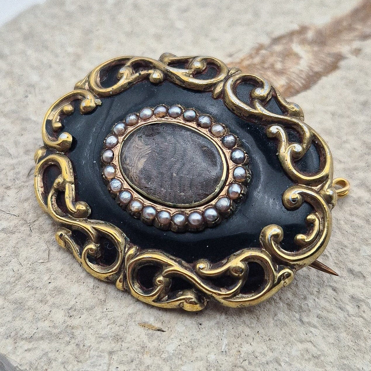 Victorian Black Enamel Hairwork Mourning Brooch