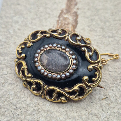 Victorian Black Enamel Hairwork Mourning Brooch