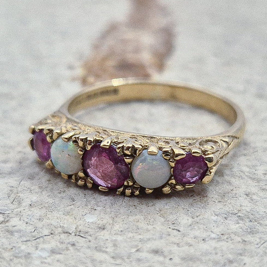 Vintage 9ct Ruby and Opal 5-Stone Ring |UK Size N | US Size 6.75