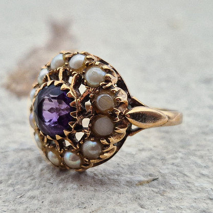 Vintage Seed Pearl and Amethyst Ring |UK Size J | US Size 4.75 | 9 Carat Gold