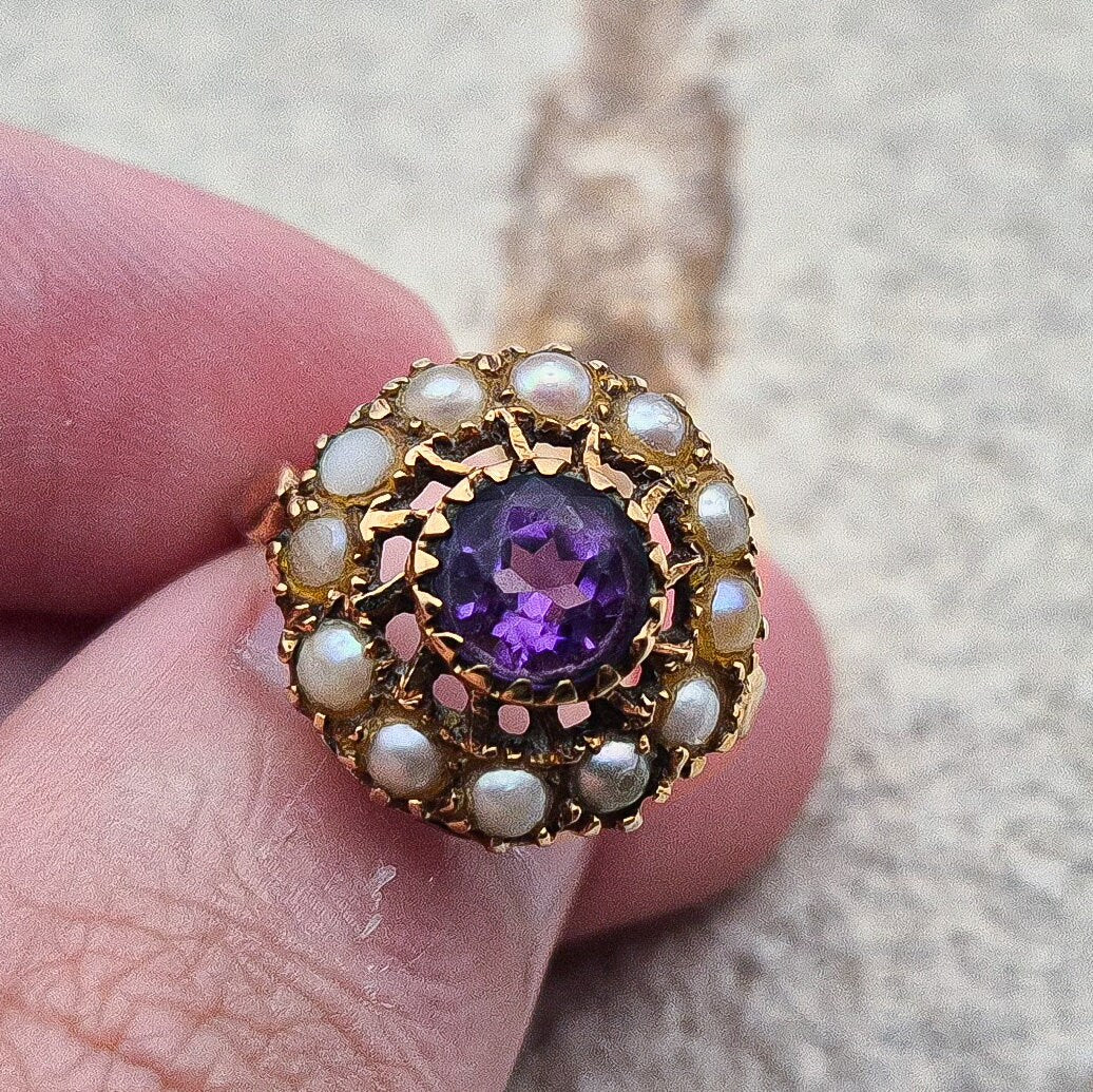 Vintage Seed Pearl and Amethyst Ring |UK Size J | US Size 4.75 | 9 Carat Gold