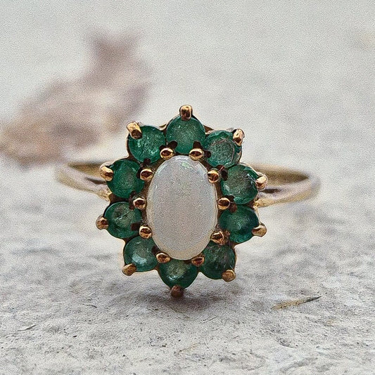 Vintage Emerald and Opal Cluster Ring |UK Size K 1/2 | US Size 5.5 | 9ct