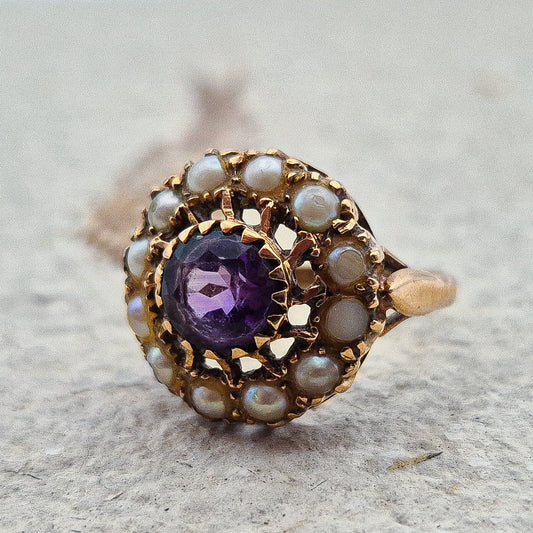 Vintage Seed Pearl and Amethyst Ring |UK Size J | US Size 4.75 | 9 Carat Gold
