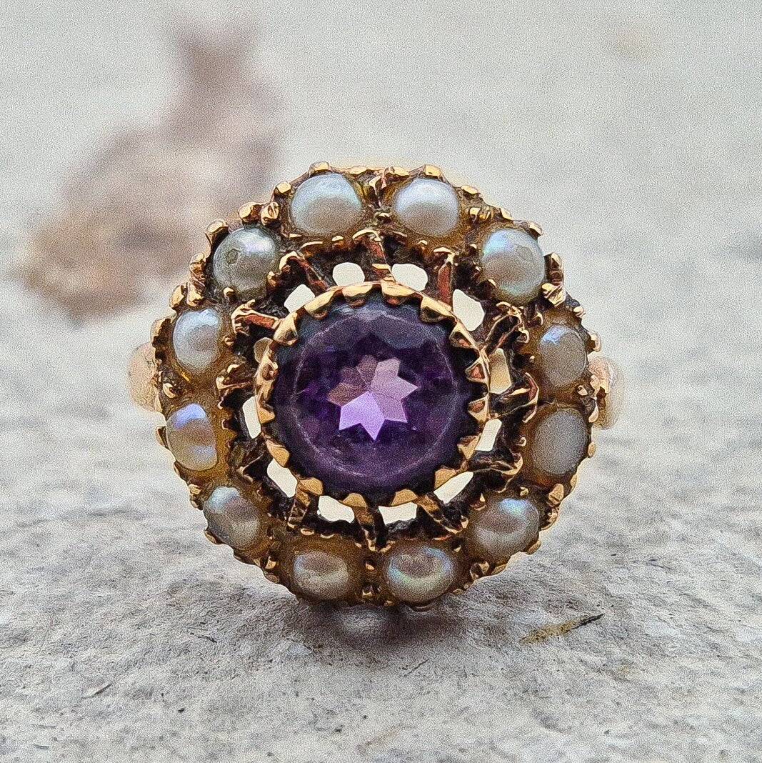 Vintage Seed Pearl and Amethyst Ring |UK Size J | US Size 4.75 | 9 Carat Gold