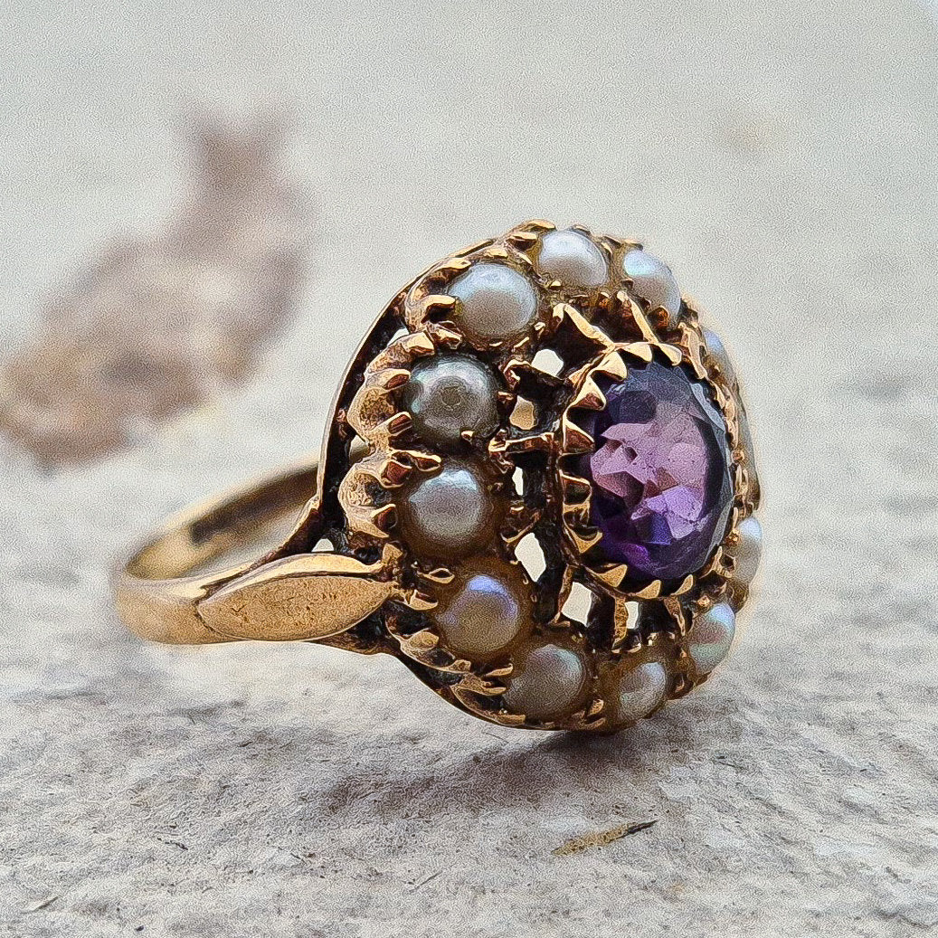 Vintage Seed Pearl and Amethyst Ring |UK Size J | US Size 4.75 | 9 Carat Gold